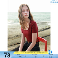 三彩2025春季新款純色方領(lǐng)T恤正肩短袖套頭衫修身短款簡(jiǎn)約M 酒紅 L 165/88A
