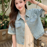 茶小阿法式牛仔短袖襯衫外套女2025配吊帶裙的外搭半袖上衣襯衣開衫 淺藍(lán)色【版】 XL