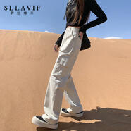 薩拉維夫高爾夫美式工裝休閑褲女秋冬2025新款休閑運動(dòng)直筒褲高腰寬松闊腿 米杏色[加長(cháng)款] M 均碼  99-109斤選