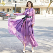 2023雪紡連衣裙長(cháng)袖夏季歐美裙子女裝海邊度假沙灘裙女 錦絲皺蝴蝶結領(lǐng)長(cháng)袖紫色(黑 均碼 9米擺 長(cháng)5（身高150-154