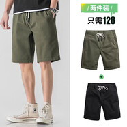 我的速度休閑短褲男夏季外穿夏天純棉松緊腰中褲寬松馬褲過膝男士五分褲子 黑色+軍綠【2件裝更劃算】 L