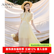 恩曼琳（ANMANI）23夏季新款法式優(yōu)雅蕾絲拼接連衣裙百褶長(zhǎng)裙EANDBA34 檸檬水色 S