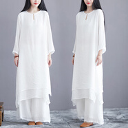 FHHUABD甜美仙氣文藝復古民族中國風(fēng)禪意茶服套裝女兩件套白色休 #808白衣＋白褲 M  建議90-110斤