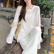 妙奕嘉防曬罩衫白色長袖t恤女士夏秋2025新款寬松t恤衫上衣空調(diào)打底衫 多巴胺印花罩衫薄款T恤 M 【建議100斤以內(nèi)】