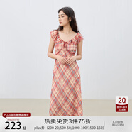 自巧小個子紅色雪紡格紋連衣裙女2025夏裝新款掐腰裙度假風長裙子 紅白格 M （尺碼：4）