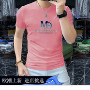 OLOMM潮牌短袖T恤男歐洲站個(gè)性3D印花字母夏季新款修身半袖上衣男 3D立體MD#粉色 L (建議115-130斤)