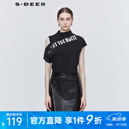 S.DEER圣迪奧夏季女裝挖肩字母通勤休閑短袖設(shè)計感不規(guī)則T恤S21280163 黑色/91 L 170