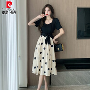 皮爾卡丹（pierre cardin）復古優(yōu)雅氣質(zhì)蝴蝶結波點(diǎn)方領(lǐng)短袖連衣裙輕熟風(fēng)減齡年輕黑色中長(cháng)裙 黑色長(cháng)裙 XL