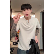 柏銘臣重磅短袖t恤男夏季美式華夫格亨利領(lǐng)寬松潮流五分半袖高街體恤衫 白色 L 【建議100-120斤】