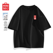名創(chuàng  )優(yōu)品（MINISO）純棉中袖男2026夏季簡(jiǎn)約百搭寬松潮多巴胺色系純色短袖T恤男大碼 【100%純棉】黑色(篆體中國胸標) XL 180 (不易起球掉色)