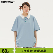 viishow復(fù)古日系純色短袖POLO衫男夏季潮牌寬松百搭休閑翻領(lǐng)體恤 藍(lán)色 M