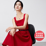 凡琴復(fù)古氣質(zhì)連衣裙收腰垂感大擺方領(lǐng)法式A字裙342L72730 紅色 M 
