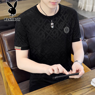 花花公子（PLAYBOY）男士冰絲短袖t恤2025夏新款高端圓領(lǐng)涼感體恤衫半袖上衣 566黑色 3XL 160-175斤