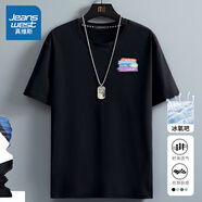 真維斯（Jeanswest）冰絲中袖男2025夏季簡(jiǎn)約印花寬松冰感速干短袖T恤男士大碼上衣服 黑色（色塊字胸標(biāo)） 2XL (185) (體重155-180斤)