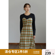 獨束大碼女裝【小森林格紋系列】拼接連衣裙女秋冬新款胖mm顯瘦絲絨裙 黑拼格紋長款 2XL