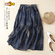 初徑棉麻半身裙大碼胖mm夏季新款半裙花半截裙子媽媽夏裝顯瘦女士夏款 藏青色 XL 【建議130-150斤】