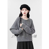 JTTCAC日本圓領(lǐng)毛衣女秋冬2024新款韓版寬松插肩針織衫內(nèi)搭打底短款上衣 灰色 M