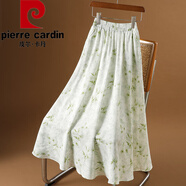 皮爾卡丹（pierre cardin）有口袋的雪紡碎花半身裙女夏新款中國風a字裙中長款綠色印花裙子 綠色 S
