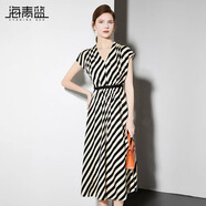 海青藍(lán)連衣裙夏女2025新款女裝高級(jí)時(shí)尚氣質(zhì)v領(lǐng)條紋中長(zhǎng)款裙子 條紋 M