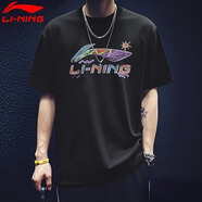 李寧（LI-NING）短袖t恤男夏季薄款涼感冰絲體恤寬松休閑透氣棉質圓領運動上衣 黑色-新款彩標 XL /180 (150-165斤)