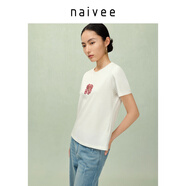 納薇（naivee）商場同款25秋新款抱花富亮片刺繡棉T恤抑菌艾草棉短袖 白色 XL