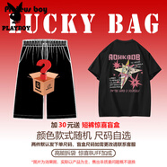 花花公子純棉短袖t恤男款夏季新款男生美式高街卡通印花圓領(lǐng)上衣服半袖T潮 黑色+30元盲盒短褲 M