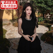 JIOESC小黑裙生日禮裙法式氣質(zhì)千金高級感收腰連衣裙女裝無袖蛋糕短裙蓬 黑色 M