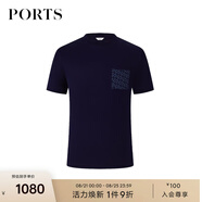 PORTS寶姿男裝早秋抗皺皮馬棉雙P LOGO印花貼袋短袖T恤衫 藏青色 S