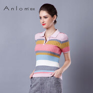 婭奴（A n l o m）Anlom/婭奴夏季新款POLO領(lǐng)休閑顯瘦女士條紋彩條桑蠶絲針織衫短袖 粉彩條 95cm 均碼