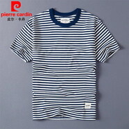 皮爾卡丹（pierre cardin）美式復古情侶?；晟荔w恤純棉男t短袖撞色打底衫黃色藍白條紋t恤男 藍白條紋 2133 XL 建議161-177斤