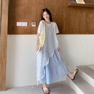 辣妹物語(yǔ)巨好看蕾絲罩衫連衣裙套裝女夏日絕美小清新減齡格子吊帶裙兩件套 藍色 XL