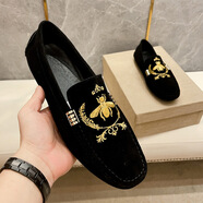 卓佐酷奇男鞋小蜜蜂刺繡豆豆鞋男士懶人鞋青年一腳蹬休閑鞋磨砂皮鞋 黑色 38