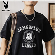 花花公子（PLAYBOY）親膚絲滑重磅純.棉vintage國潮短袖t恤女夏季情侶裝字母印花寬松 黑色 M 建議80-100斤