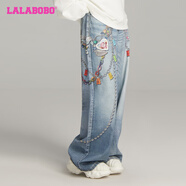 拉拉波波（LALABOBO）LALABOBO牛仔褲女潮牌直筒闊腿褲子 中藍(lán)白 26