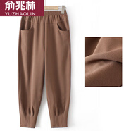 俞兆林（YUZHAOLIN）褲子夏季薄款棉麻九分褲休閑褲人寬松女褲松緊腰哈倫褲 淺咖 5XL 【建議160-175斤】