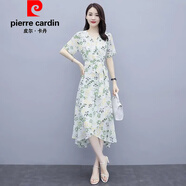 皮爾卡丹（pierre cardin）官方品牌高端夏季新款洋氣短袖氣質(zhì)女神顯瘦法式碎花顯年輕一片式 白色 關(guān)注優(yōu)先發(fā)貨 M 建議85-105斤