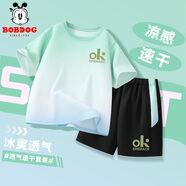 巴布豆男童夏裝套裝夏季新款兒童運動(dòng)速干冰絲短袖t恤男孩透氣兩件套 【漸變套裝】綠藍漸變OK字母X_3 140