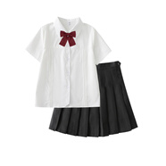 妙輝正版JK制服畢業(yè)服短袖純色風(fēng)琴褶襯衣女套裝夏季學(xué)院風(fēng)百褶裙套 襯衫+酒紅色平角領(lǐng)結(jié)+黑色百褶裙 XS _【收藏優(yōu)先發(fā)】