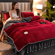 姼嬉媛牛奶絨床上四件套床裙款珊瑚絨被套床單加厚保暖法蘭絨毛床上用品 酒紅+深灰-加厚加絨 重達八斤 2.0m床 床裙款 四件套-被套220*240cm