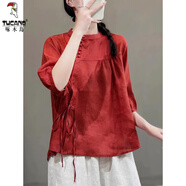啄木鳥(niǎo)復古斜門(mén)襟亞麻襯衫女短袖夏季系帶寬松顯瘦上衣純色減齡棉麻小衫 紅色 L 【115-130斤】