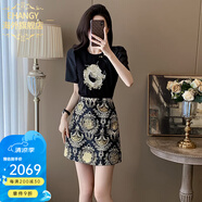 Ehangy國際高檔女士新中式國風(fēng)刺繡圓領(lǐng)盤(pán)扣短袖上衣半身裙套裝感裙 黑色套裝【高端禮盒】 XL