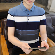 VACK夏季男裝短袖T恤男翻領(lǐng)條紋半袖五分袖男士短袖t恤打底衫衣服男 2333灰藍 M (80-100斤)