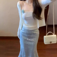 小香風(fēng)套裝女2025韓系氣質(zhì)開衫吊帶上衣亮片包臀魚尾半身裙三件套 開衫+吊帶+半身裙/三件套【高質(zhì)量】 S  （建議85-95斤）