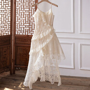 子耳可扎染連衣裙白胚云南大理法式在逃公主子吊.帶溫柔風(fēng)收腰大擺扎 杏色連衣裙可扎染錦棉 M