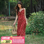 Olrain歐芮兒吊帶碎花連衣裙夏季女裝浪漫優(yōu)雅長(cháng)裙子度假沙灘裙 紅色印花 XL