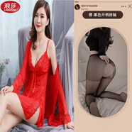 浪莎（LangSha）純欲冰絲蕾絲性感睡衣女情趣內衣吊帶小媽包臀裙夫妻調情七夕戰袍 中國紅+黑色開(kāi)I檔襪 2XL (適合130-145斤)