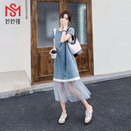 妙妙禧甜美網(wǎng)紗拼接牛仔連衣裙女夏2025新款氣質(zhì)度假風(fēng)韓系流行絕美 牛仔藍 S