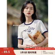 茵曼（INMAN）潮趣印花女裝圓領(lǐng)短袖T恤修身顯瘦套頭短款2025夏季新款上衣 月牙白 -18525987 XL