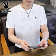 花花公子（PLAYBOY）短袖t恤男士夏季冰絲薄款印花休閑五分半袖上衣涼感圓領(lǐng)體恤衫潮T 白色 XL