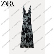 ZARA秋冬新品TRF女裝天鵝絨印花吊帶無(wú)袖長(zhǎng)連衣裙藍(lán)色XS (160_80A)